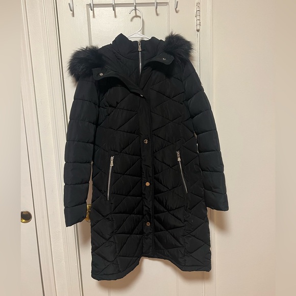 Women's Black Quilted Long Coat with Faux Fur Hood Calvin Klein